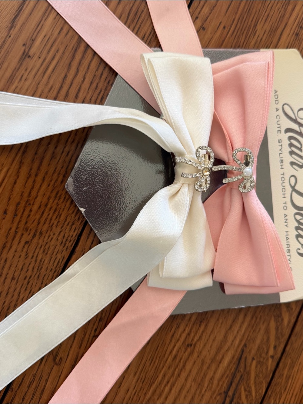 Elegant Satin Bow Hair Ribbon with Crystal Accent - Pink & Ivory